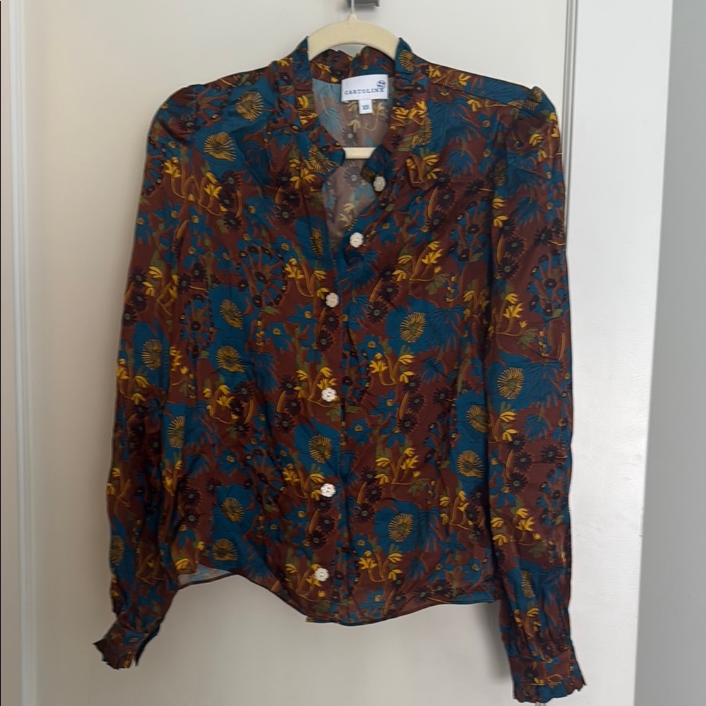 CARTOLINA Floral Women's Blouse - Brown and Blue with beautiful buttons!